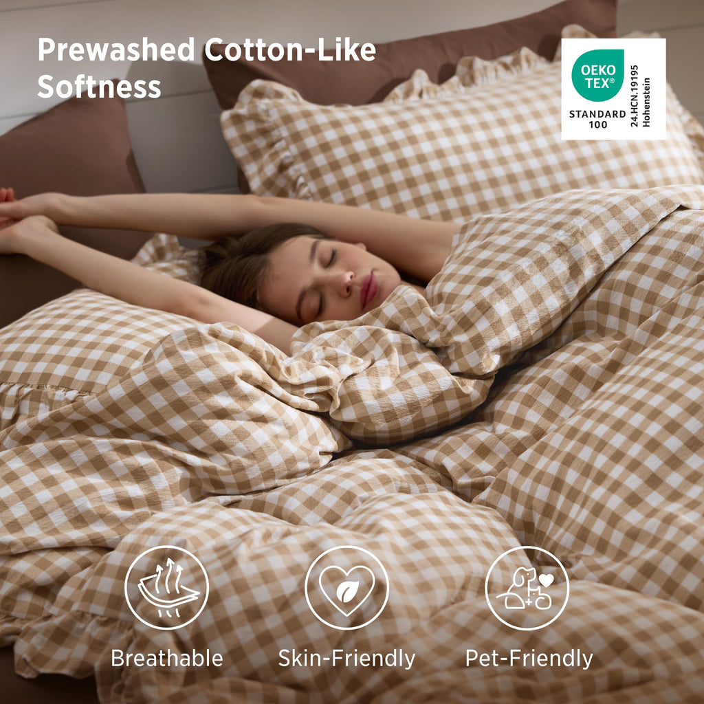 Brown Gingham Ruffle Duvet Cover Set, Cotton-Like Quilt Cover