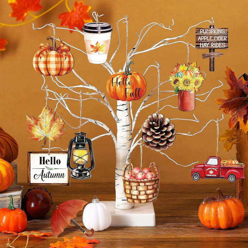 Wooden Fall Ornaments for Tree Thanksgiving Decorations,12 Styles Harvest Ornament Vintage Pumpkin Maple Leaf - Set of 36