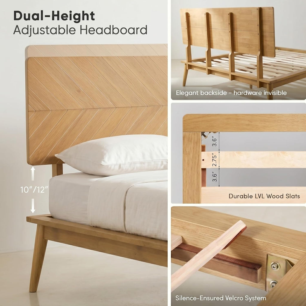 Loki Solid Wood Platform Bed King, Chevron Headboard, Light Oak