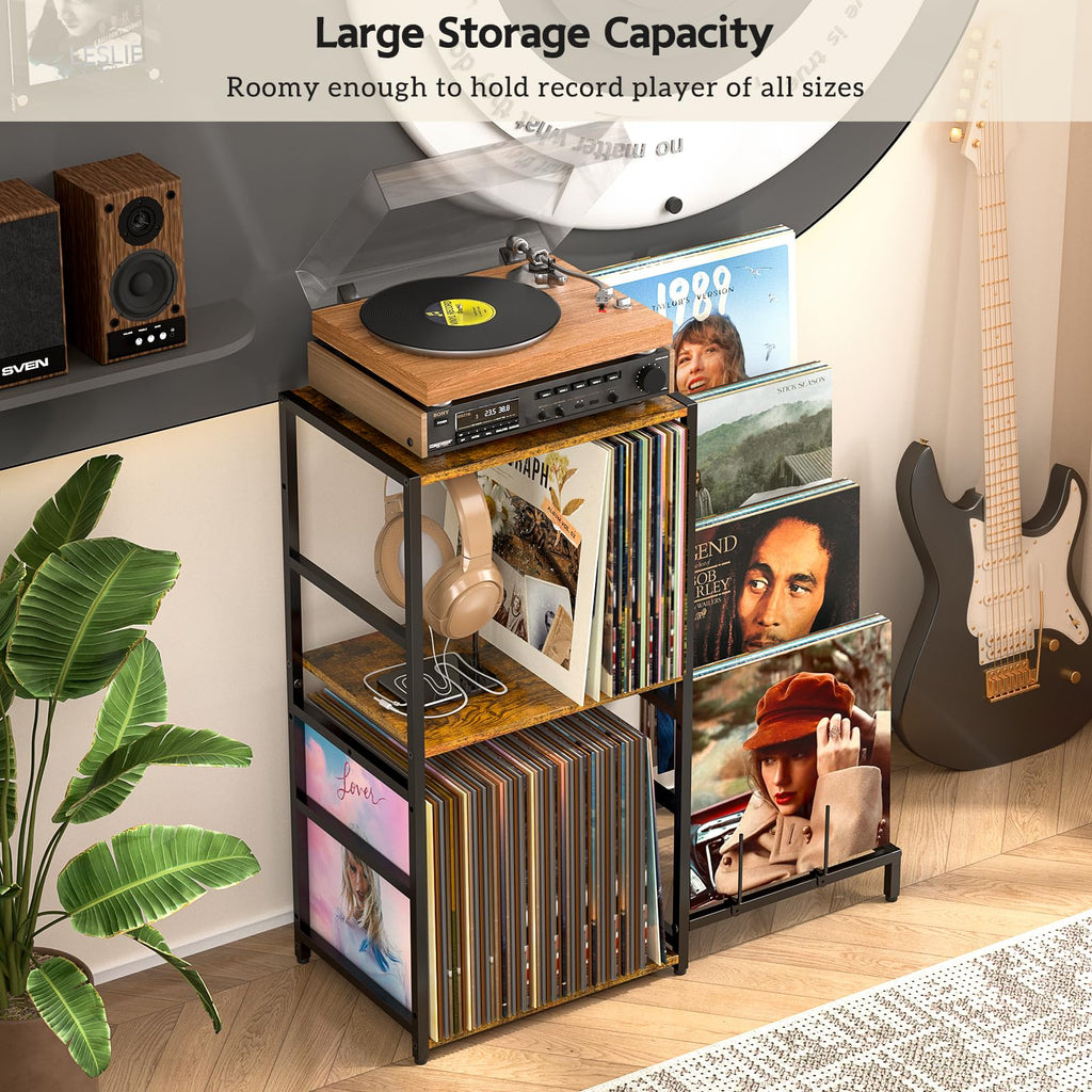 Record Player Stand, Turntable Stand with 4-Tier Vinyl Record Storage, Record Player Table Storage up to 200+ Albums