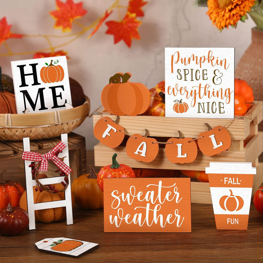 Two Tiered Tray with Wooden Signs Decor, Autumn Style - Set of 11