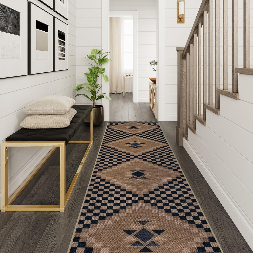 Easy Jute Runner Rugs 2x10, Non Slip Washable Rug Runner, Checkered Extra Long Rugs s, Ultra Thin Farmhouse Kitchen