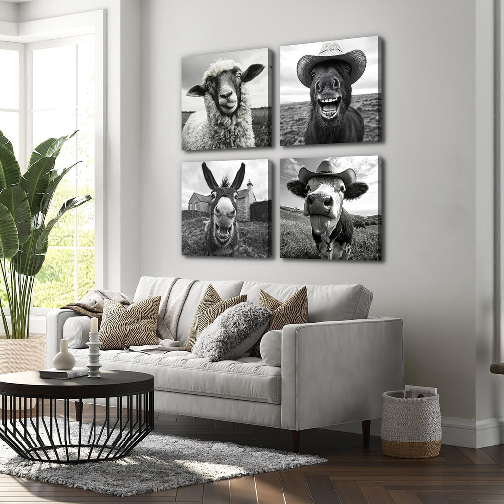 Farmhouse Cow Canvas Wall Art Humor Animals Pictures Sheep Donkey Horse Wall Decor Black and White Prints Artwork