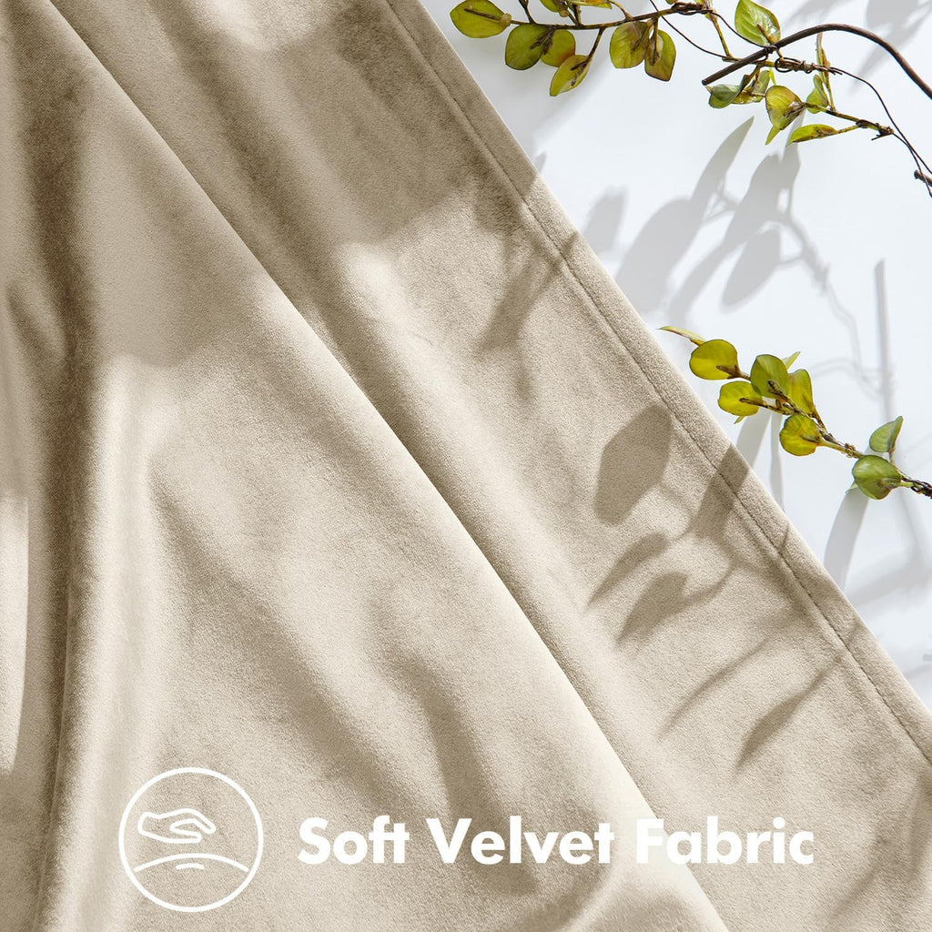 Beige Velvet Curtains 96 inches Long, Pinch Pleated Blackout Drapes with Hooks, Thermal Insulated Pinch Pleat Panels