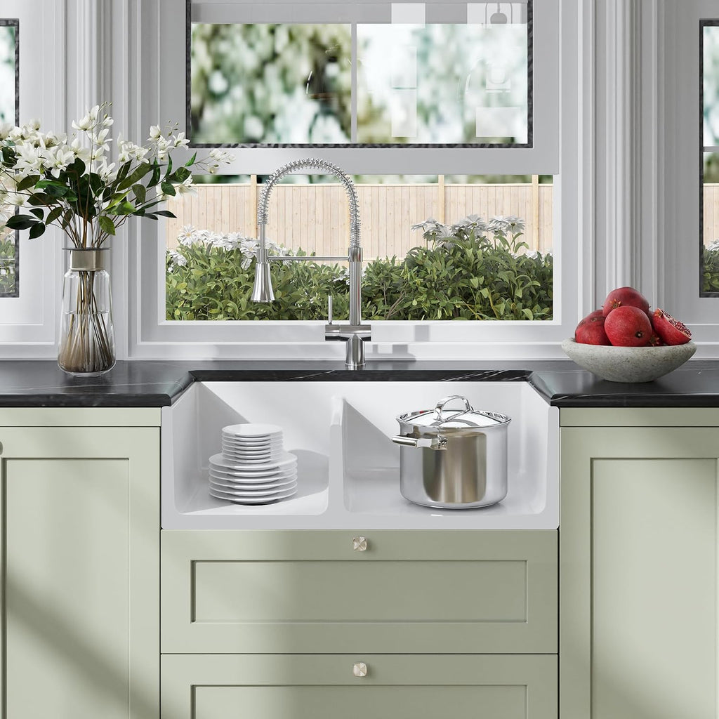 White Kitchen Sink 33 inch 60/40 Double Bowl Apron Front Farmhouse Sink, Stepped Weir Design, Fireclay Ceramic