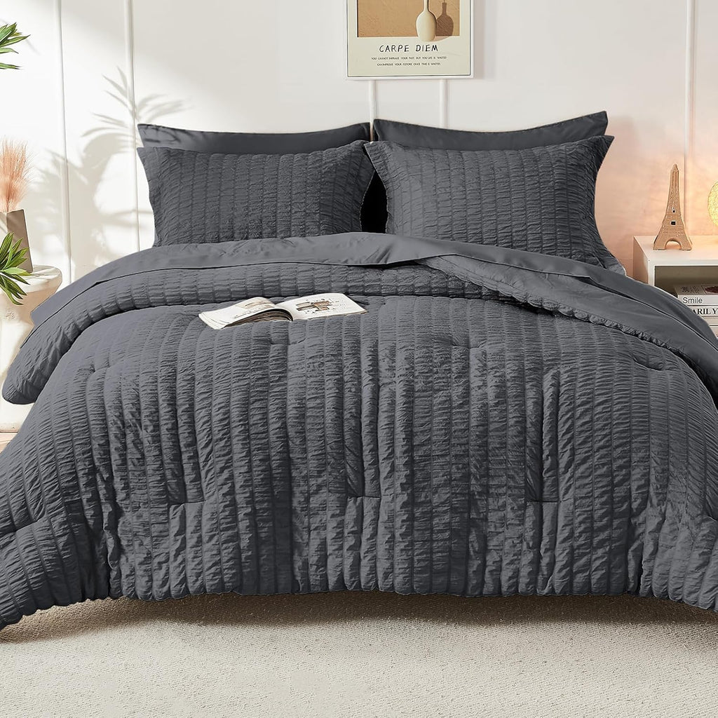 Full Comforter Sets Seersucker 7 Pieces, All Season Luxury Bed in a Bag, Bedding Set with Comforters, Sheets
