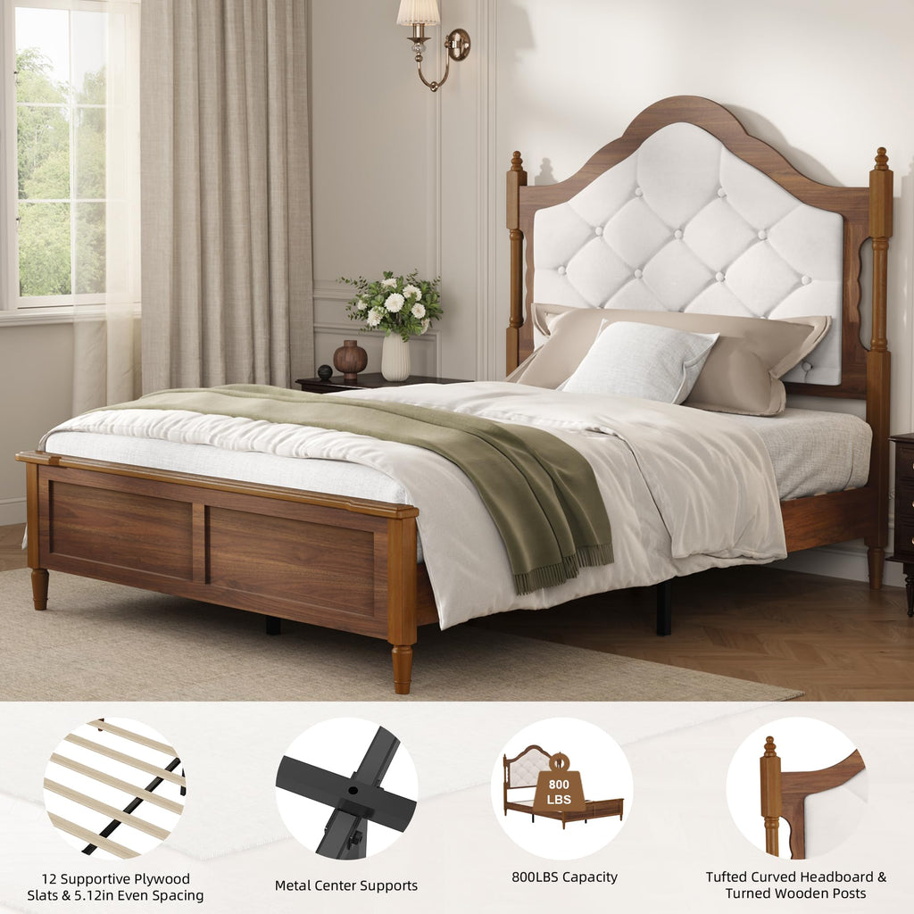 Vintage Platform Bed, Bed Frame with Upholstered Headboard