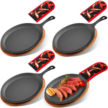 4 Sets Cast Iron Fajita Skillet, Wooden Tray, Protective Mitt