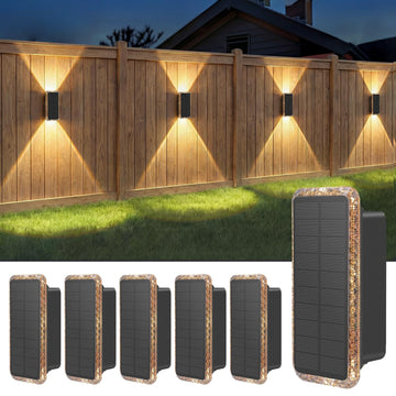 Solar Fence Lights Outdoor 6 Pack, 5CCT Up and Down Solar Wall Lights, IP65 Waterproof Dusk to Dawn Wood
