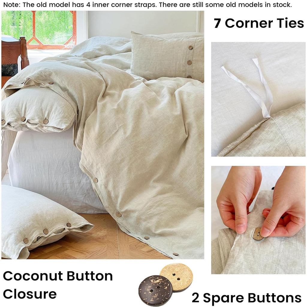 100% Linen Duvet Cover Set 3pcs with Coconut Button Closure Natural French Washed Flax Solid Color Soft Breathable