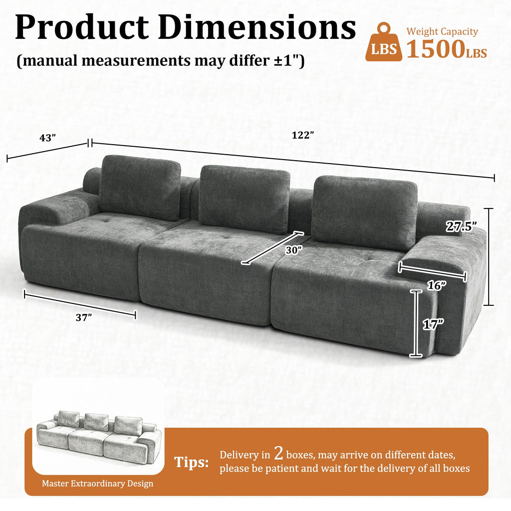 122" U Shaped Boneless Couch, Comfort Cloud Sectional Couches, Modular Sofa High Back & Extra Deep Seat, No