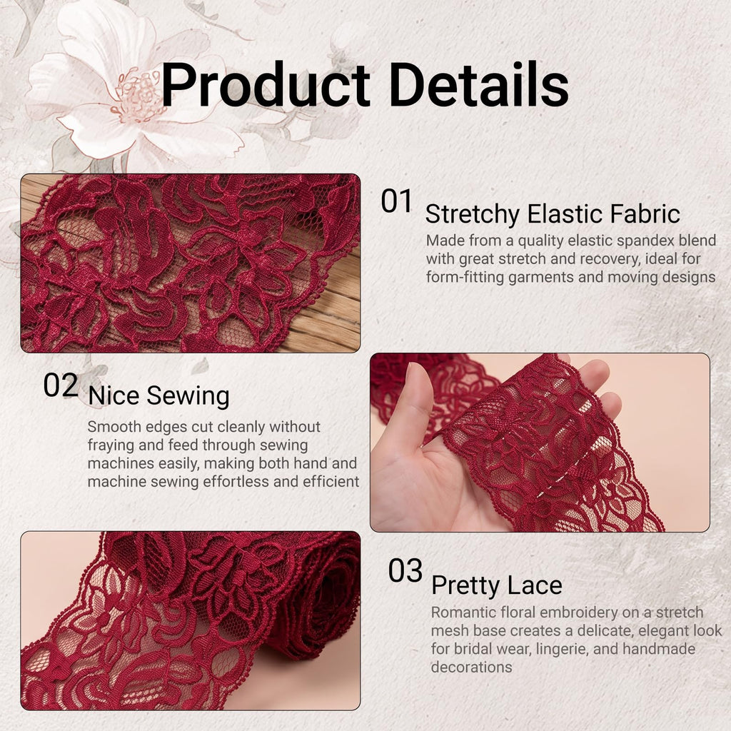 10 Yards Burgundy Floral Stretch Lace Trim, 3 Inch Elastic Spandex Ribbon