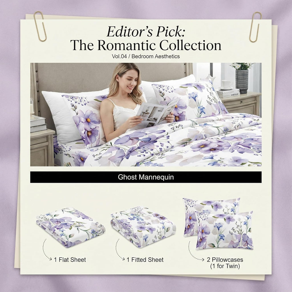 King Sheets Set, Luxury 1800TC Hotel Quality Double Brushed Microfiber Floral Bed Sheets for King Bed, Ultra Soft