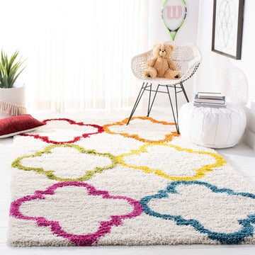 Kids Shag Collection Area Rug - 6'7" Square, Ivory & Multi, Rainbow Moroccan Design, Non-Shedding & Easy Care, 2-inch