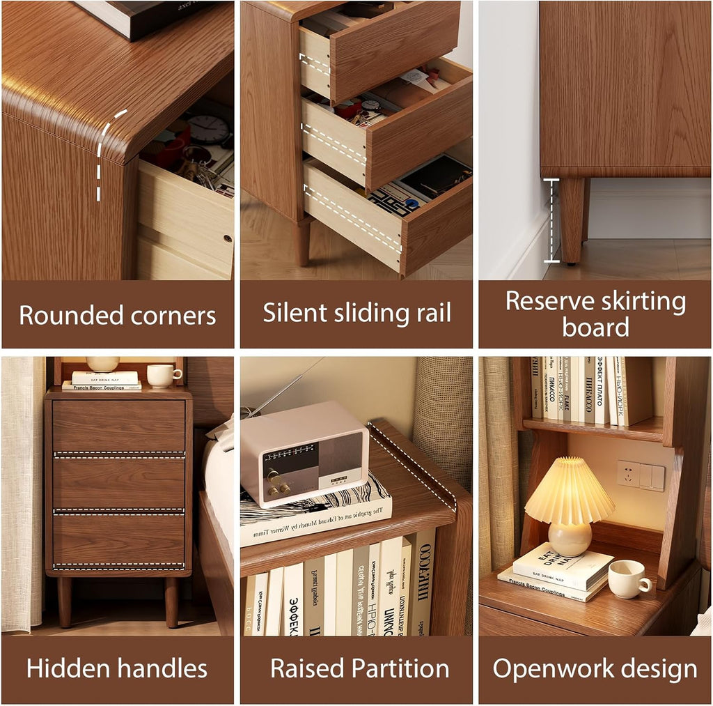 Solid Wood Bookshelf Nightstand Combo, Tall Nightstand with Bookshelf | Walnut Nightstand Bookshelf,Narrow Nightstand