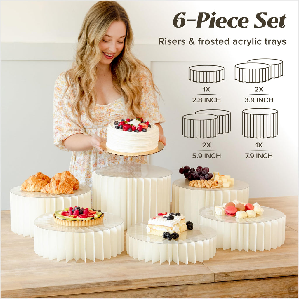 6 Pack White Buffet Risers, Foldable Paper Honeycomb Stands with Frosted Acrylic Trays for Party, Dessert Table
