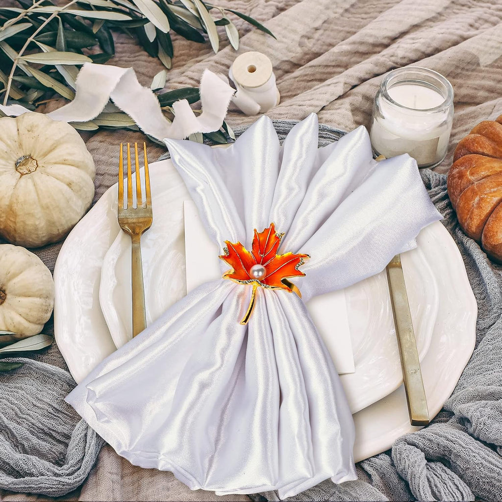 Maple Leaves Napkin Ring Holders Fall Thanksgiving Autumn Leaf Napkin Buckle with Faux Pearl Metal Dinner Table - Set of 8