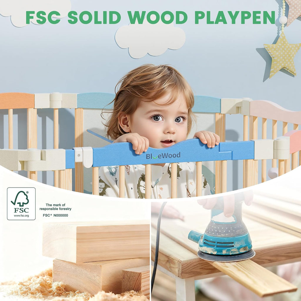 Foldable Wooden Playpen, 55 x 55 x 24 inches, Ocean Adventure, Colorful | Adjustable Wood Baby Play Yard with