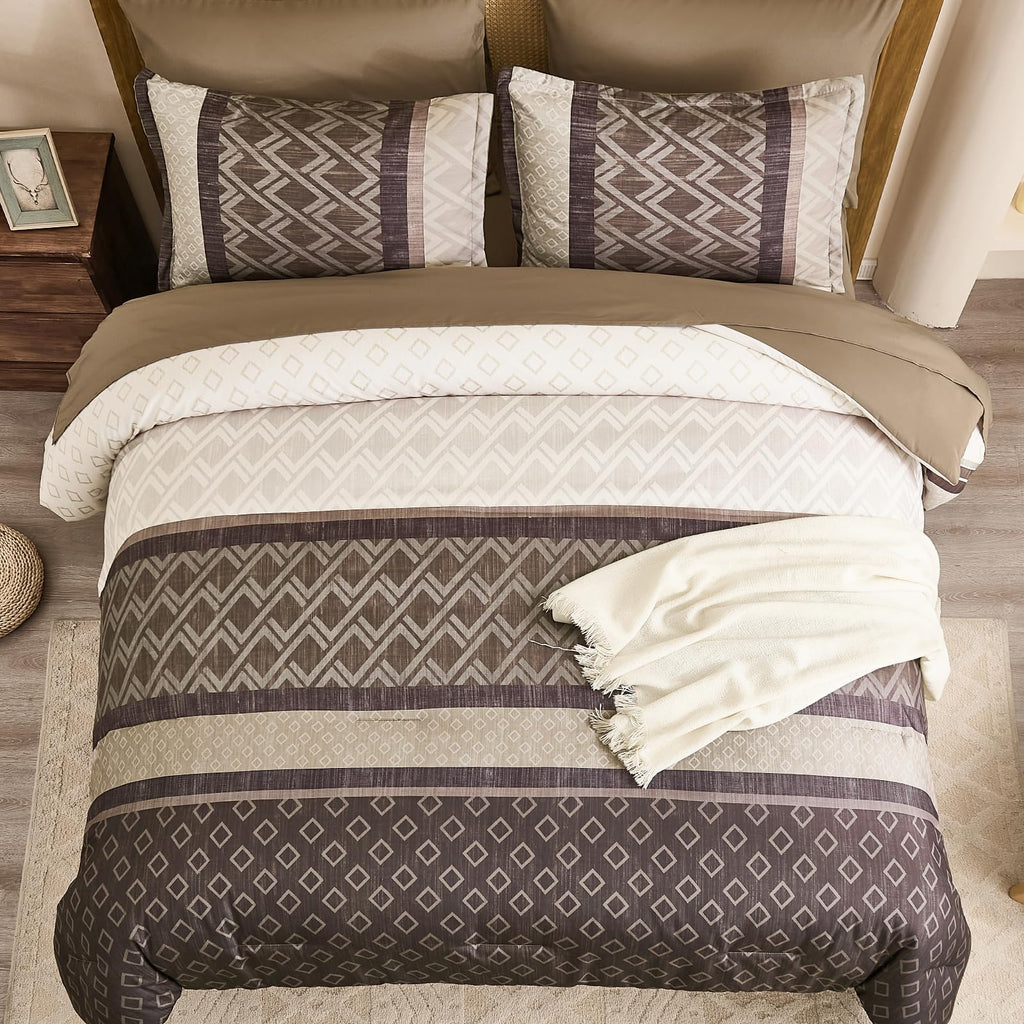 7-Piece Grey Brown Striped Comforter Set, Farmhouse Boho Bedding