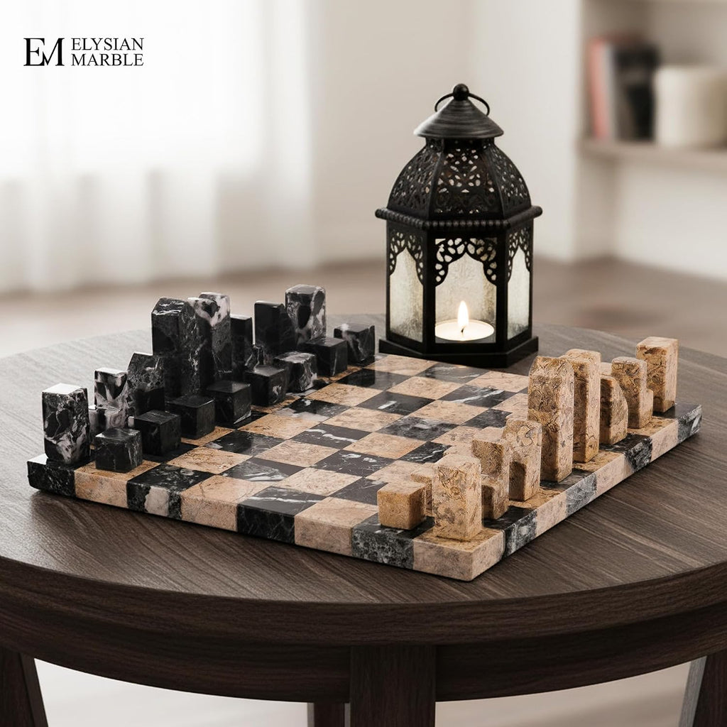 Modern Chess Set - Handcrafted Borderless Marble Chess Board with Minimalist Geometric Pieces, Luxury Decorative