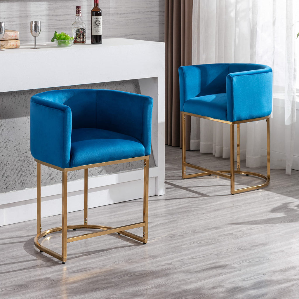 Contemporary Blue Velvet Bar Stools Set of 3, 24" Upholstered Fabric Counter Height Barstools Kitchen Counter Island