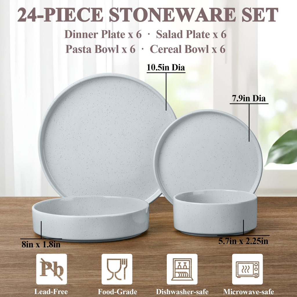 Stoneware Dinnerware Set with Salad Bowls, 24 Piece Kitchen Dinner Dish Set for 6, Plates and Cereal Pasta Bowls