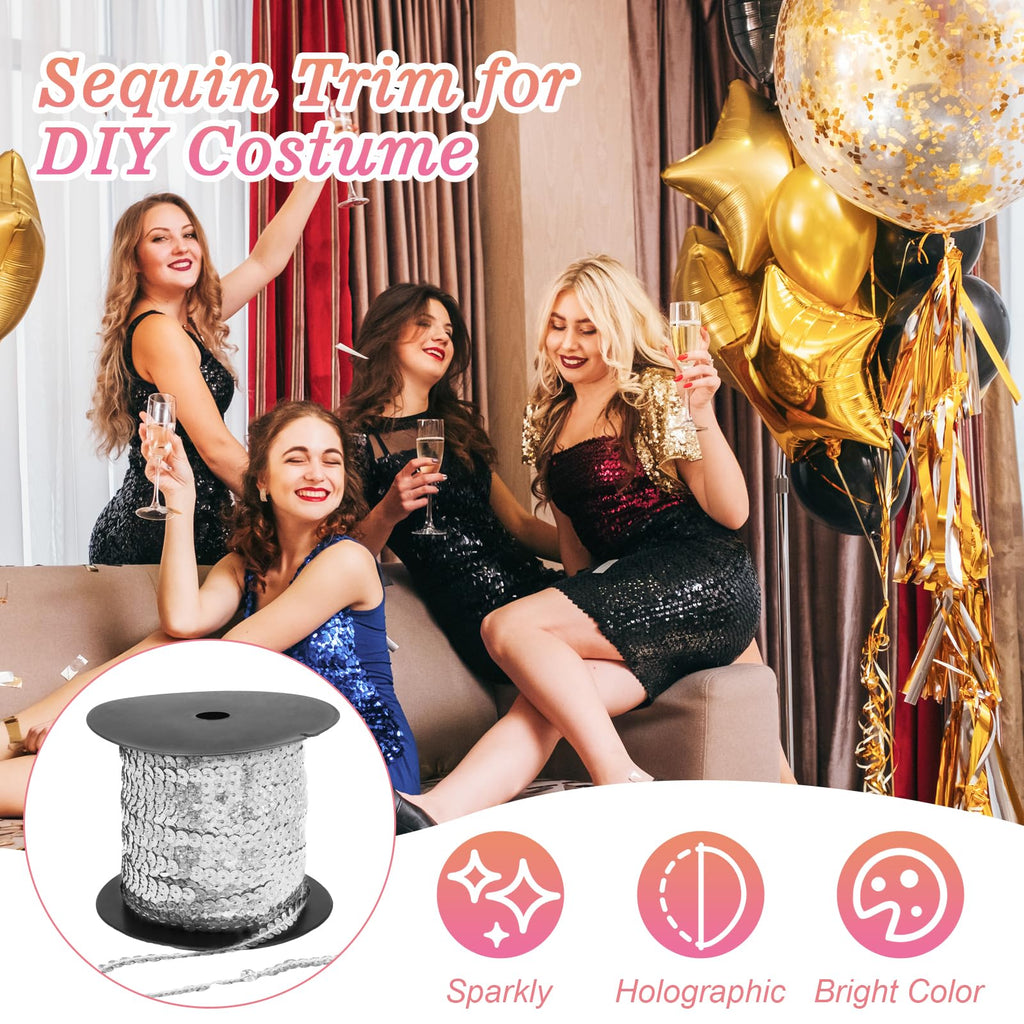 Sequin Trim, Silver, 6mm Flat Round Sequins - 100 Yards