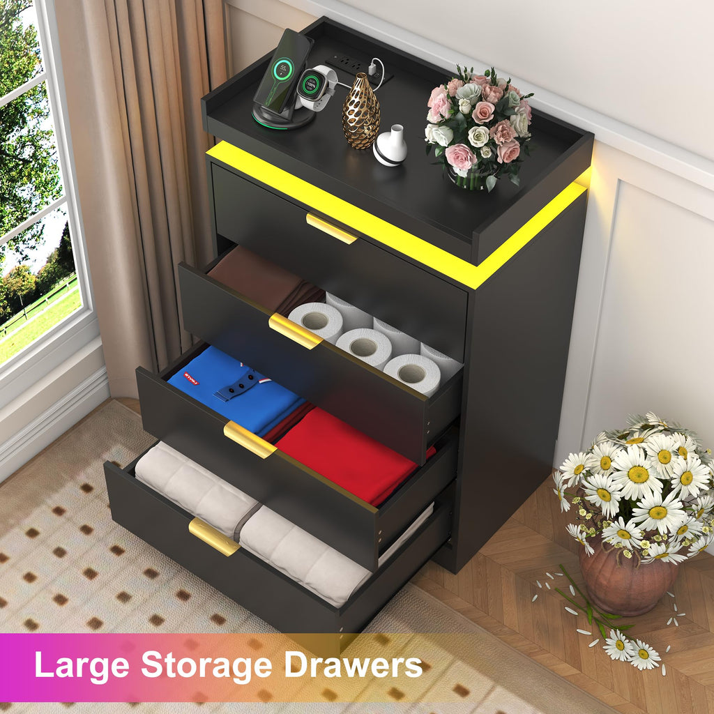 Black Dresser with LED Lights, Wooden LED Dresser, 4 Drawer Chest with Charging Station, Tall Chest of Drawer Closet