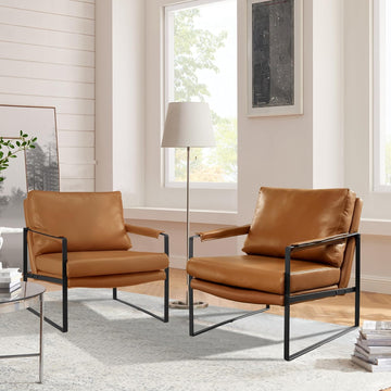 Mid Century Modern Accent Leather Armchair Lounge Chair Brown - Set of 2