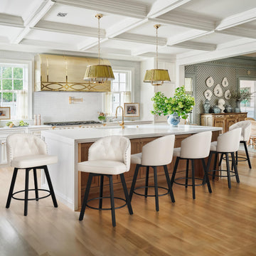Counter Height Bar Stools Set of 6, 26" Swivel Faux Leather Upholstered Bar Stools with Backs and Metal Legs, Retro