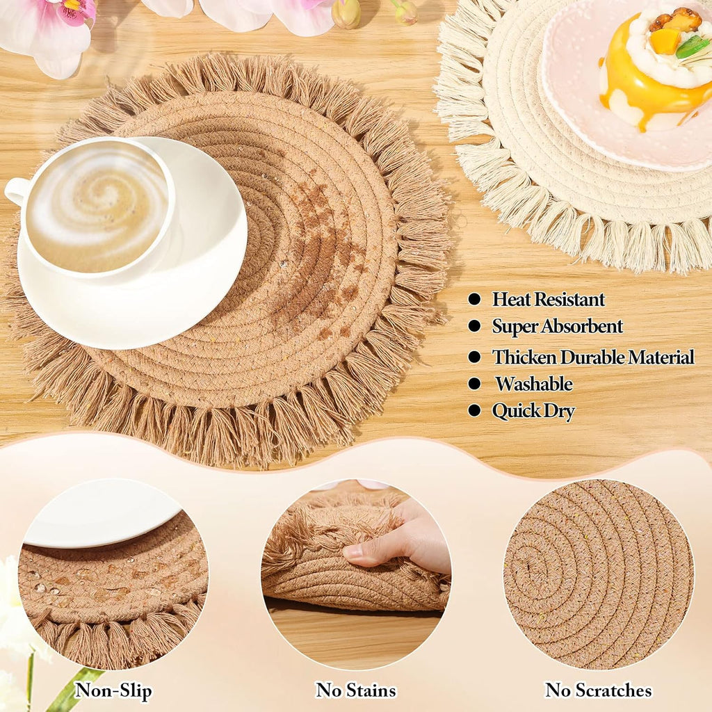 Inch Round Cotton Placemat Boho Placemats Table Mats Woven Washable Table Placemats for Fall Kitchen - Set of 4