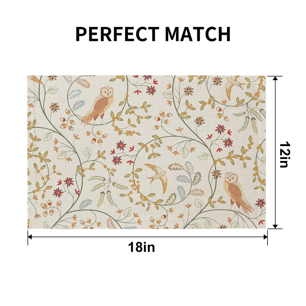 Boho Table Placemats Set of 6, 12"x18" Linen Place Mats, Forest Birds