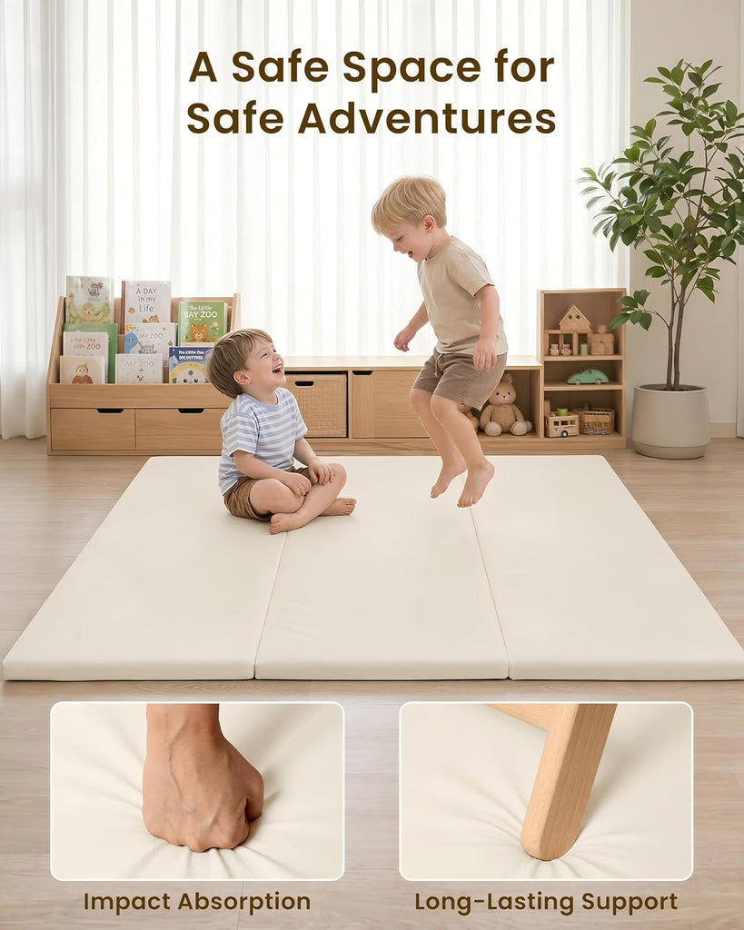 Foldable Baby Play Mat,Vegan Leather 47x47 Baby Mat for Floor,Beige