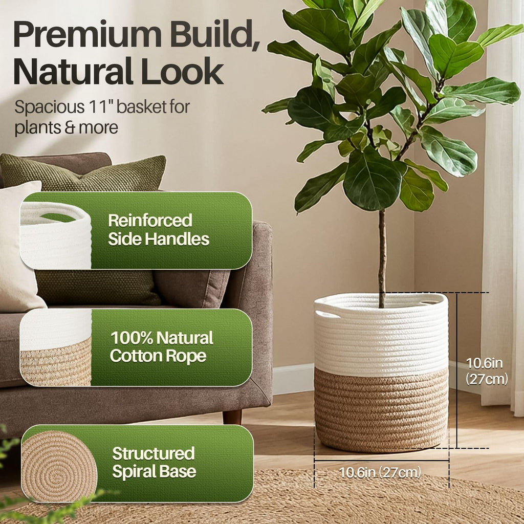 Plant Basket (2 Pack) Modern Urban Boho Rattan Cotton Rope Basket Indoor Planter Holder (Up to 10 Inch Flower Pot)