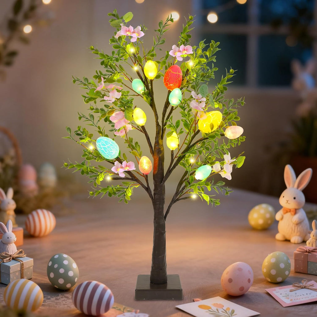 Easter Decor Lighted 24 Inch Artificial Tree with Easter Eggs & Colorful LED Lights, Light Up Tabletop - Set of 2