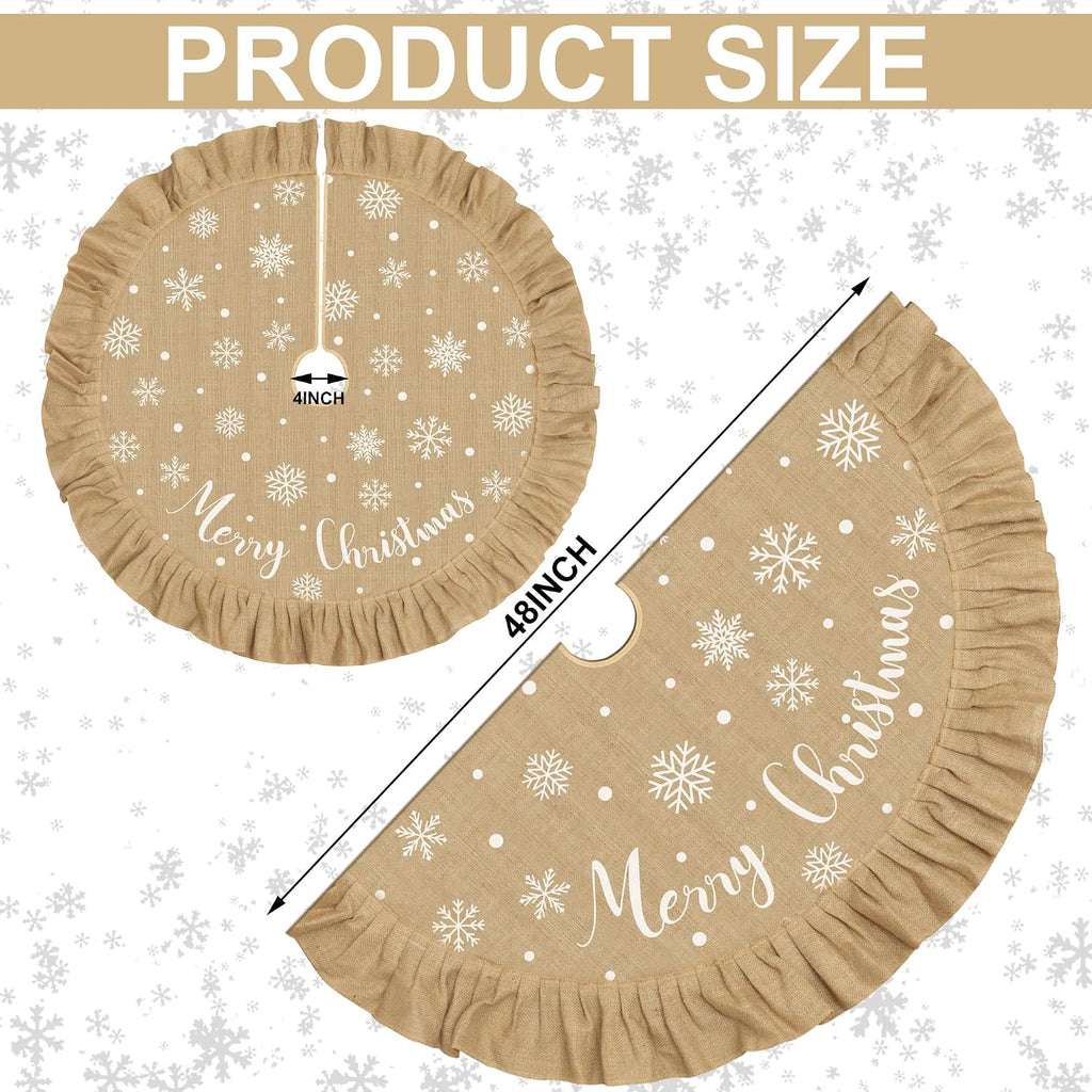 48 Inch Burlap Christmas Tree Skirt Merry Christmas Rustic Tree Skirt with Ruffle Border Xmas White Snowflake Linen