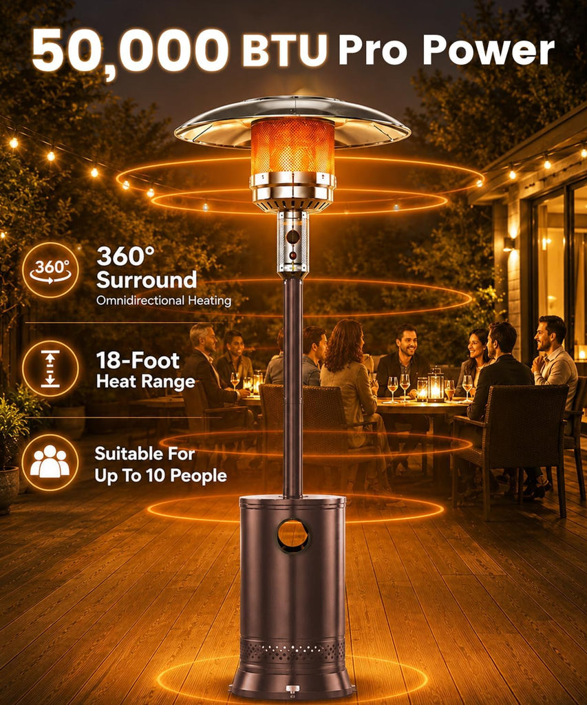 Patio Heater 50,000 BTU Outdoor Propane Heater with Wheels | Freestanding Outdoor Propane Heater with Weight Base