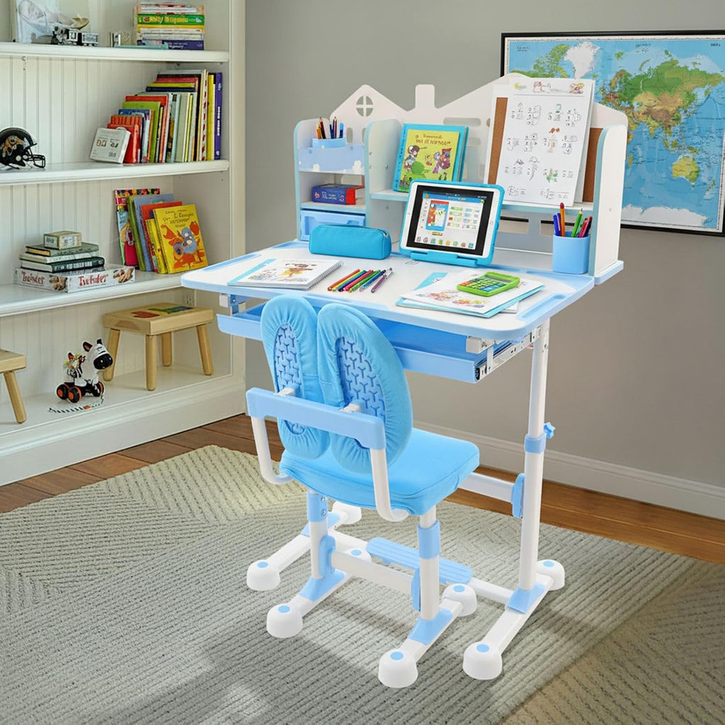 Adjustable Kids Desk & Chair Set Ergonomic Tilting Table with Storage Blue