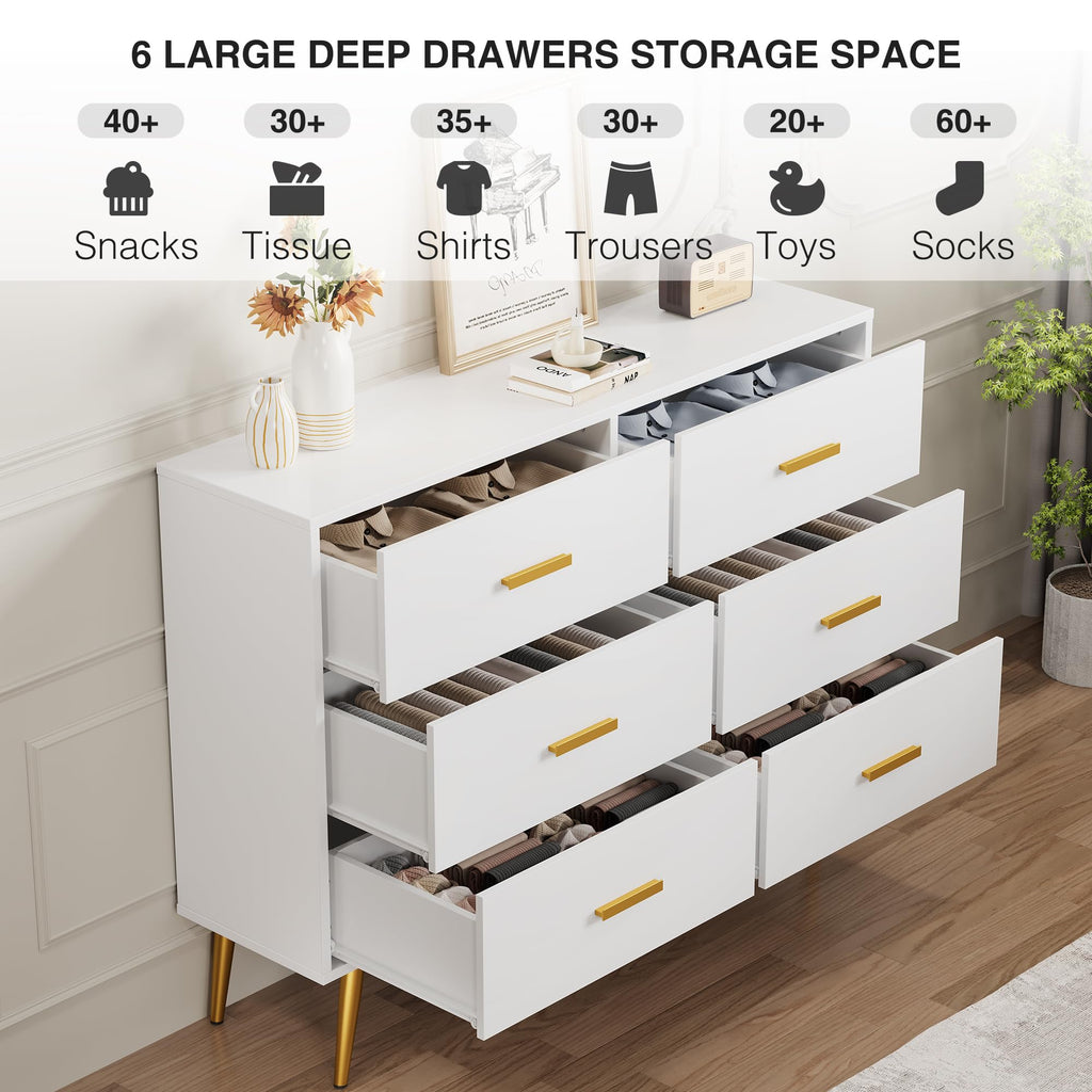 6 Drawer, Chest of Drawers with Gold Handles, White