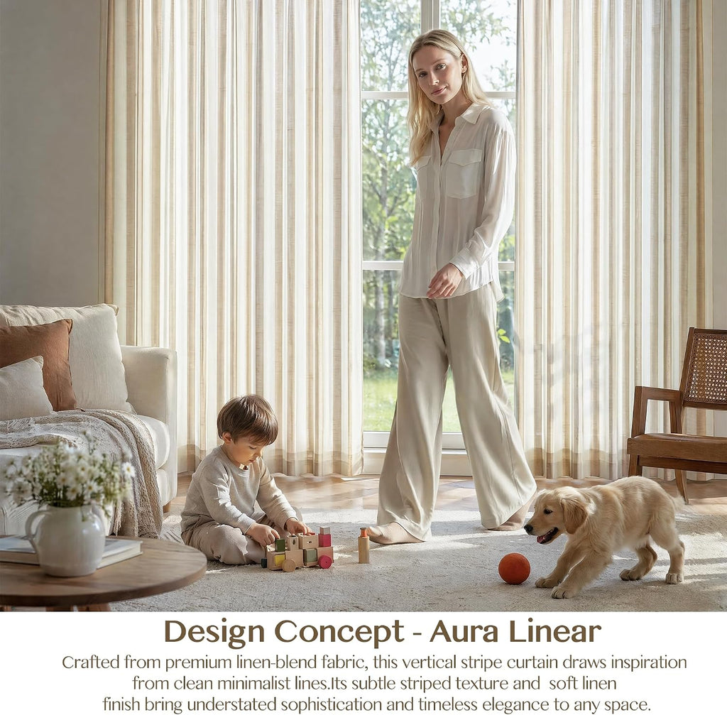 Beige Stripe Pinch Pleated Curtains 84 inches, Linen Blend Light Filtering Gingham Drapes with Memory Pleats for
