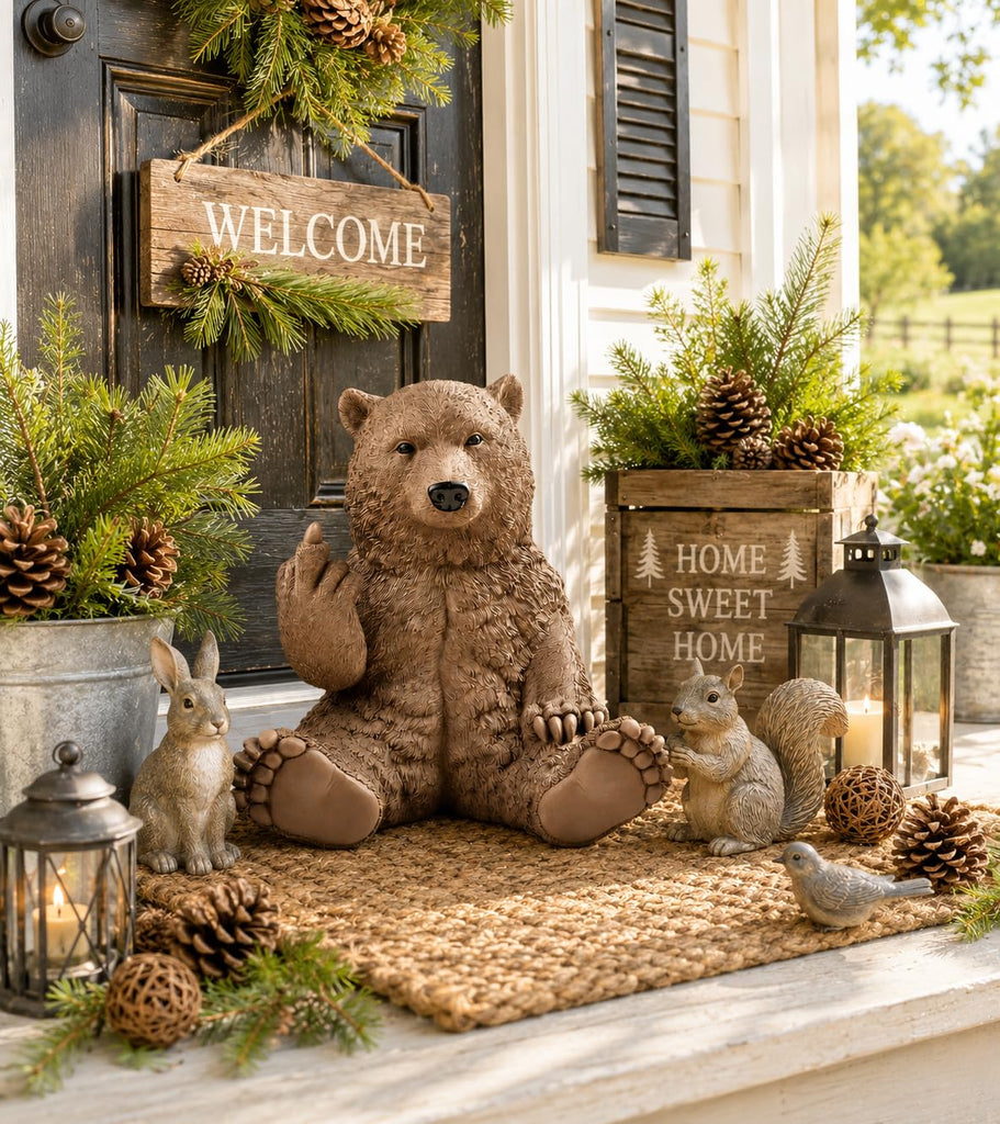 12" Hilarious Papa Bear Middle Finger Statue - Outdoor Decor