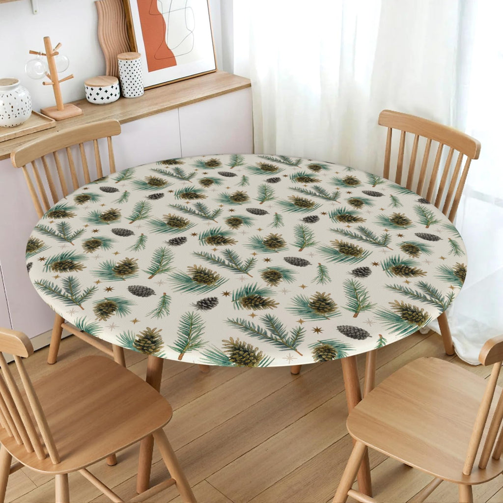 Christmas Round Fitted Tablecloth Best for 44"-48" Xmas Holly Pinecone Table Cloth Elastic Edge Waterproof Stain