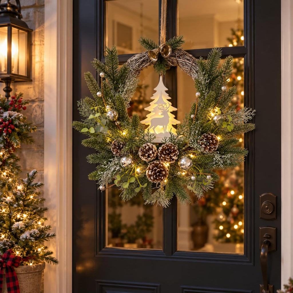 Flocked Christmas Wreath with Silver Ornaments Reindeer and Timer