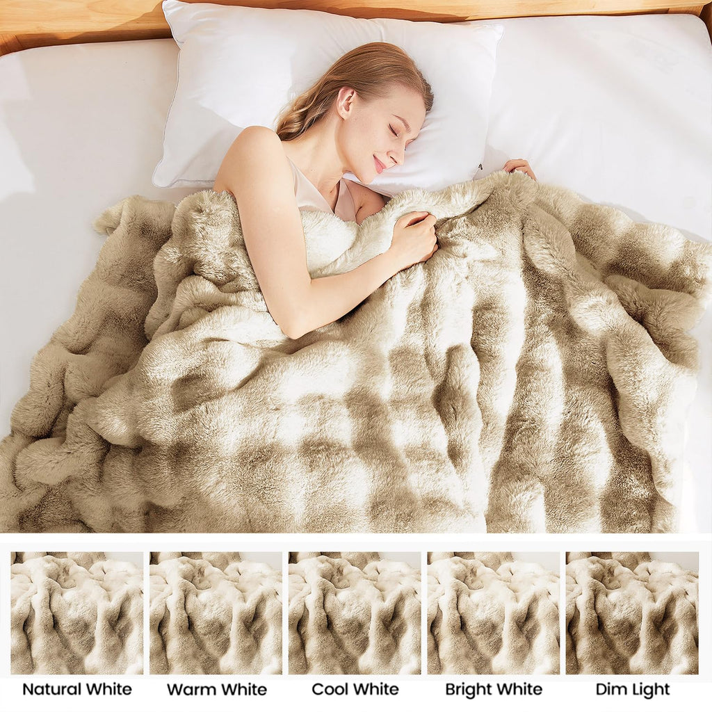 Soft Luxury Faux Fur Bubble Blanket, Thick Warm Cozy Throw Blanket for Couch, Plush Fluffy Blanket for Sofa and