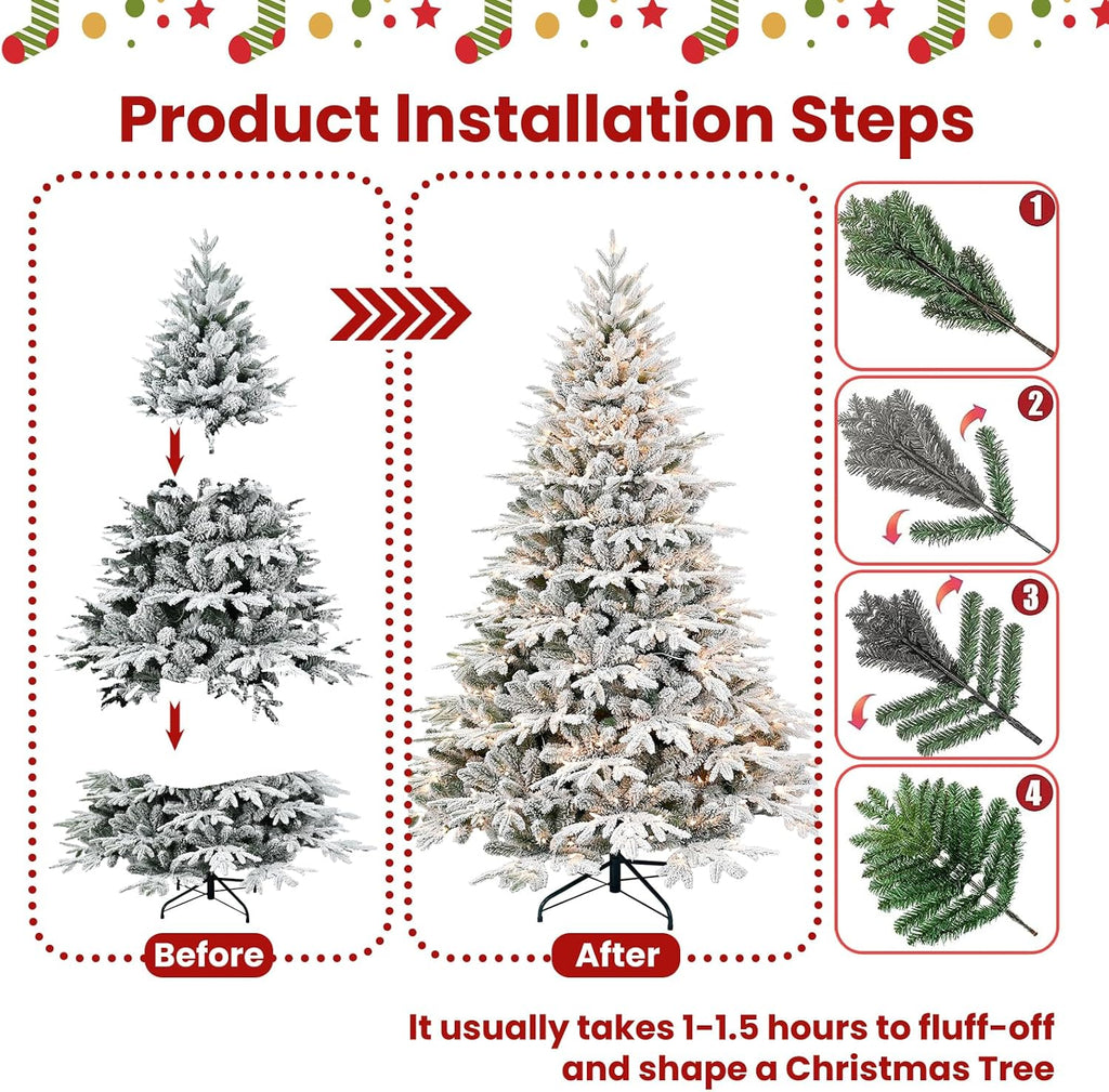 6ft Pre-Lit Snow Flocked Christmas Tree, 2,056 Tips, 400 Warm Lights