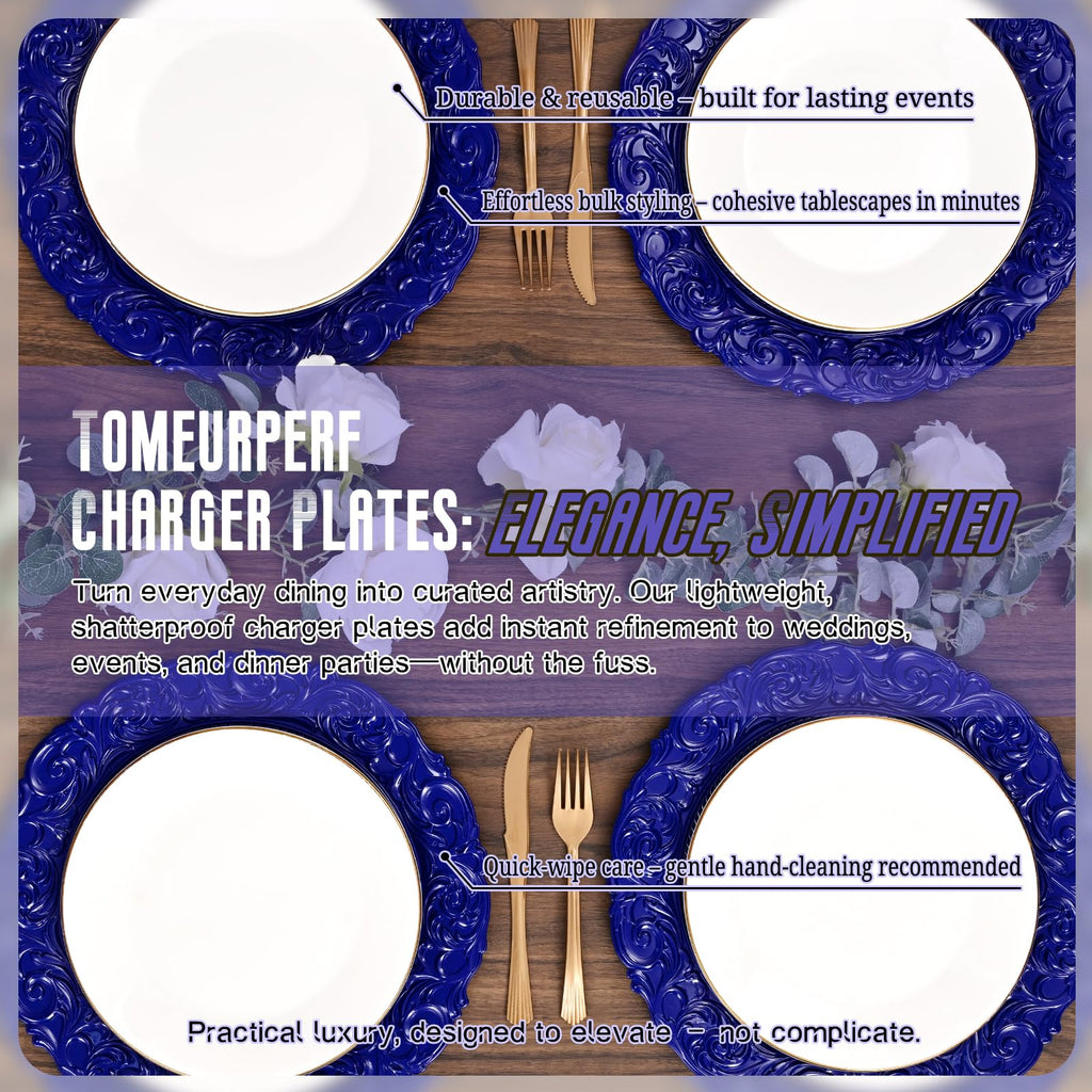 Royal Blue Charger Plates Bulk 10Pcs - 13" Royal Blue Chargers for Dinner Plates, Floral Embossed Decorative Charger