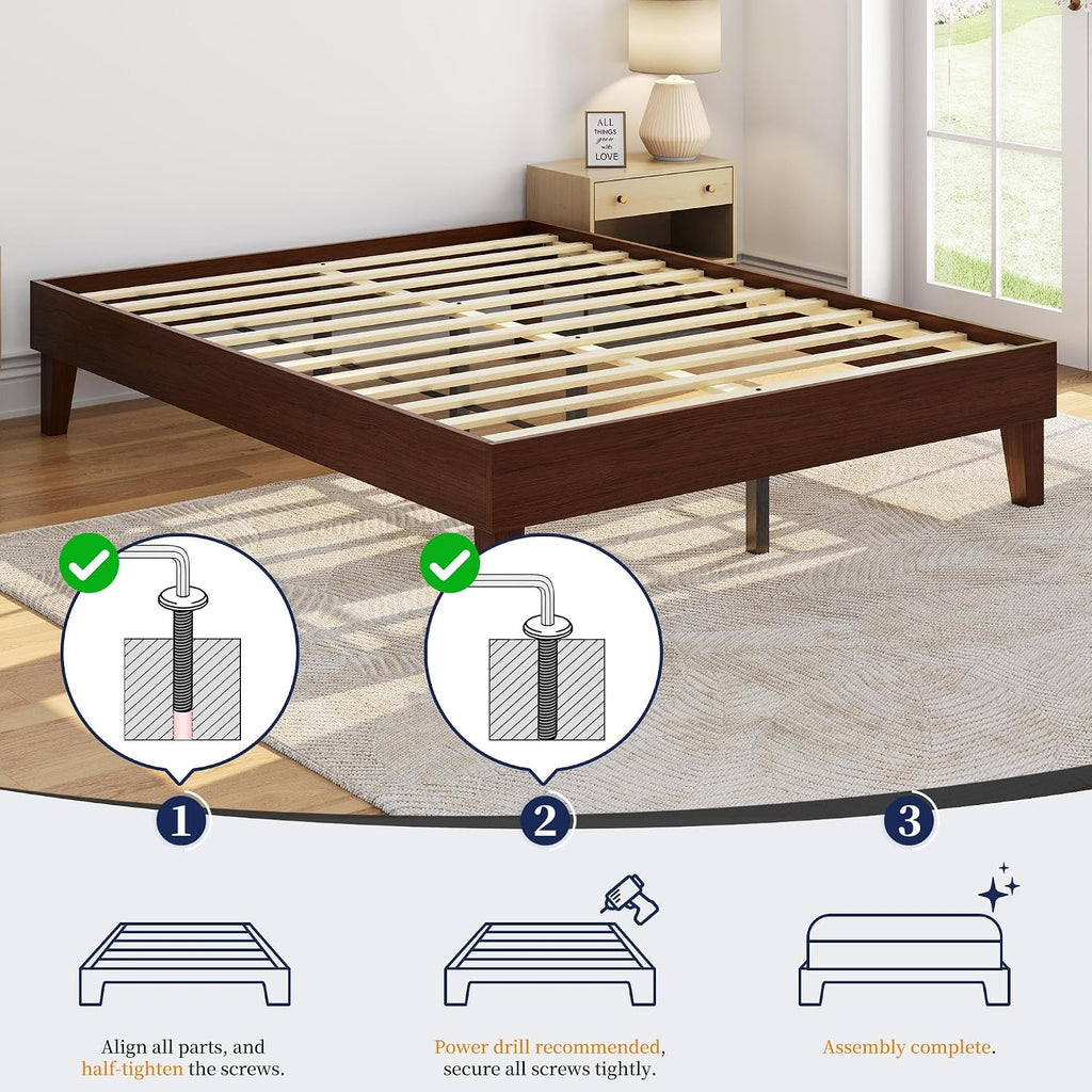 Solid Wood Platform Bed Frame Low-Profile Dark Walnut