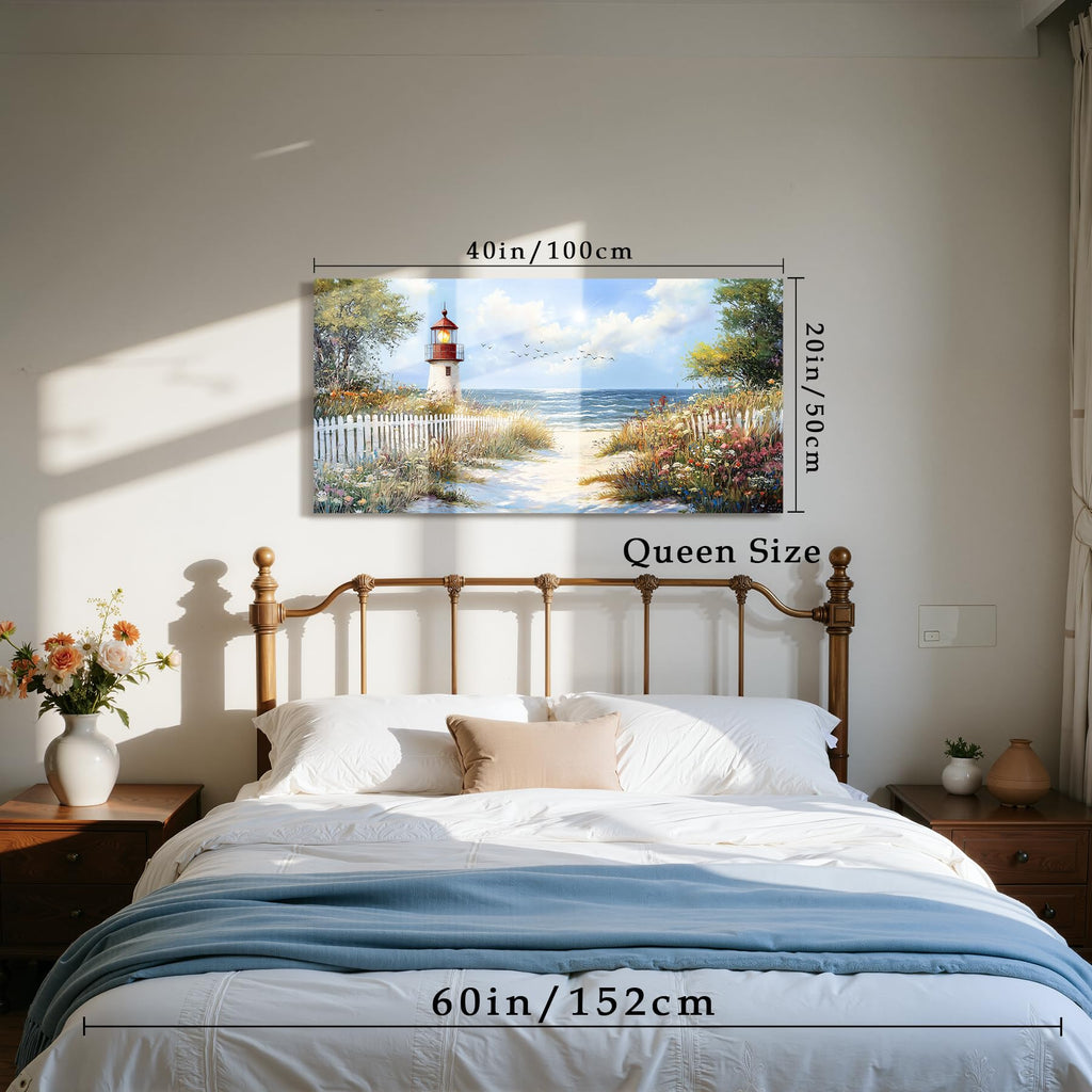 Beach Lighthouse Wall Art, Seaside Wildflower Art Prints 20"x40"