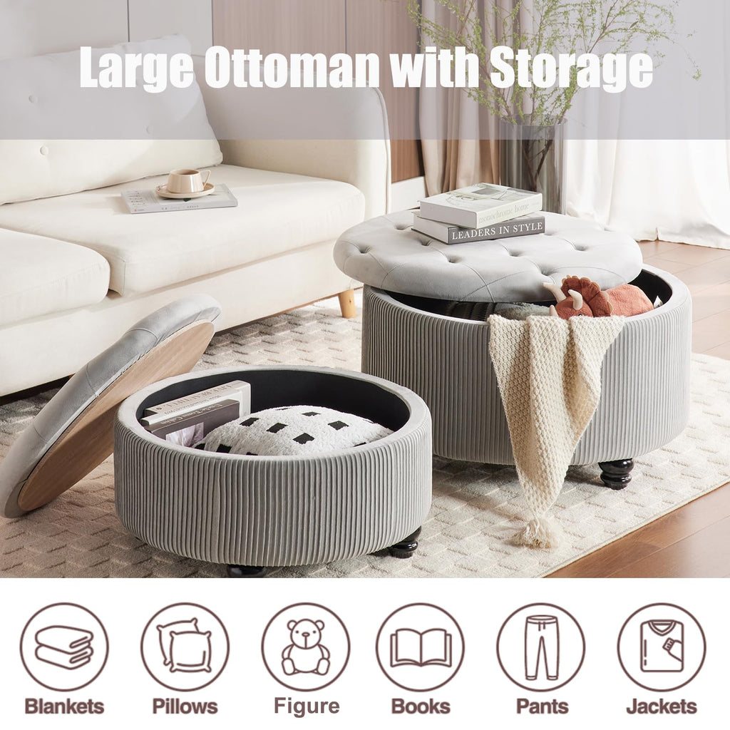 29'' & 24.5'' Round Storage Ottoman Coffee Table Set of 2, Light Gray