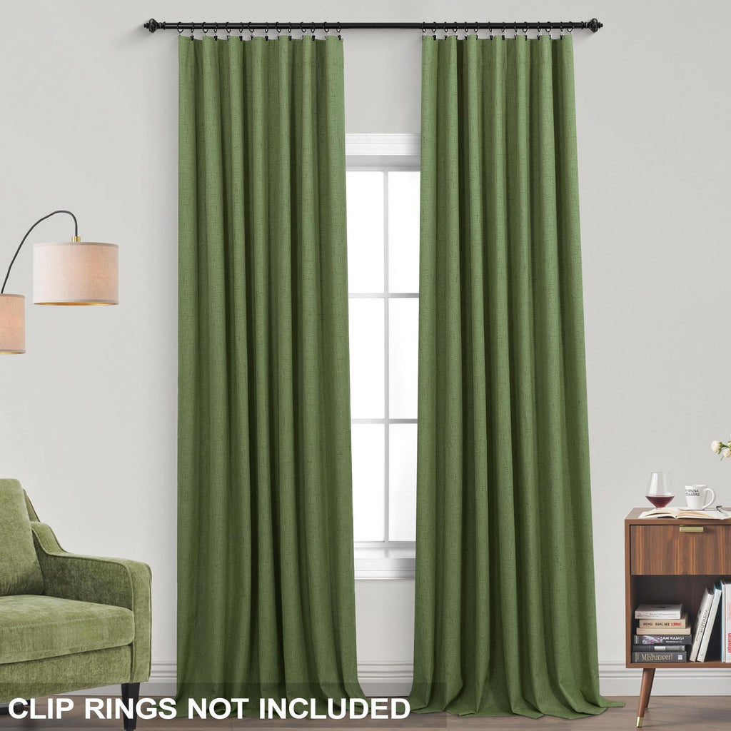 108 Inch Long Olive Green Linen Boho Back Tab Blackout Curtains Living Room 2 Panels Set